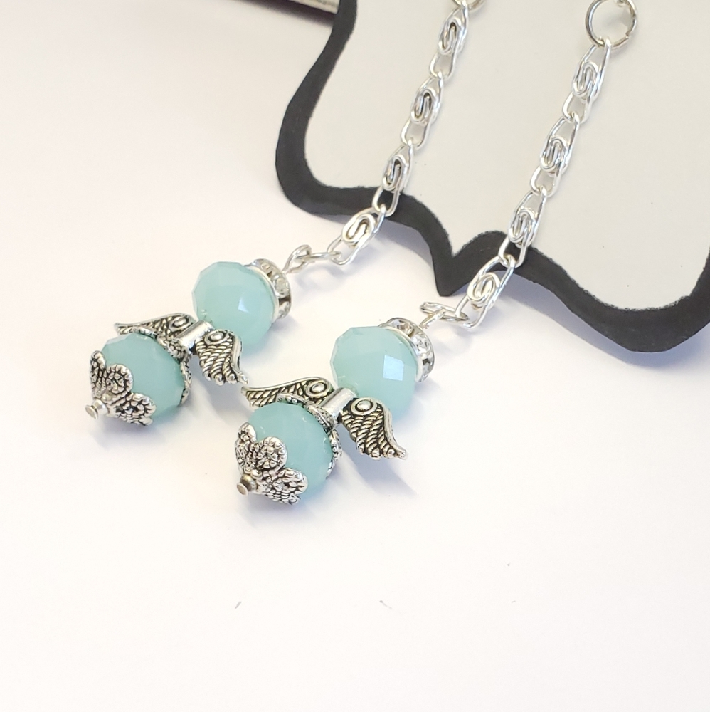 Handmade Frosted Blue Crystal Angel & Silver Chain Dangle Earrings - Picture 7 of 10